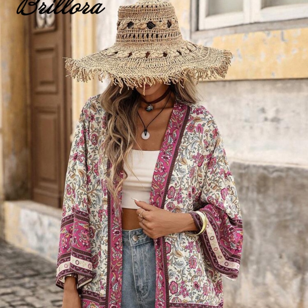 Brillora Open Front 3 XL Shirt/Top/Kimono Burnt Orange Print  Shirt/Top/Kimono